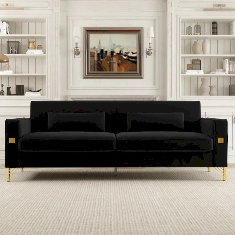 Black 85.63 Velvet 3-Seater Sofa with Gold Accents