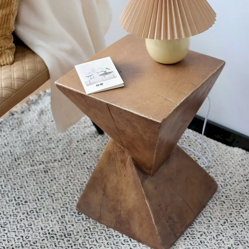 Natural Wood Geometric Concrete Side Table for 1 Person