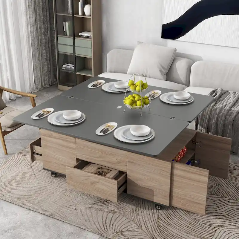 Modern Walnut & White Lift Top Coffee Table Multifunctional Table with Drawers & Shelves