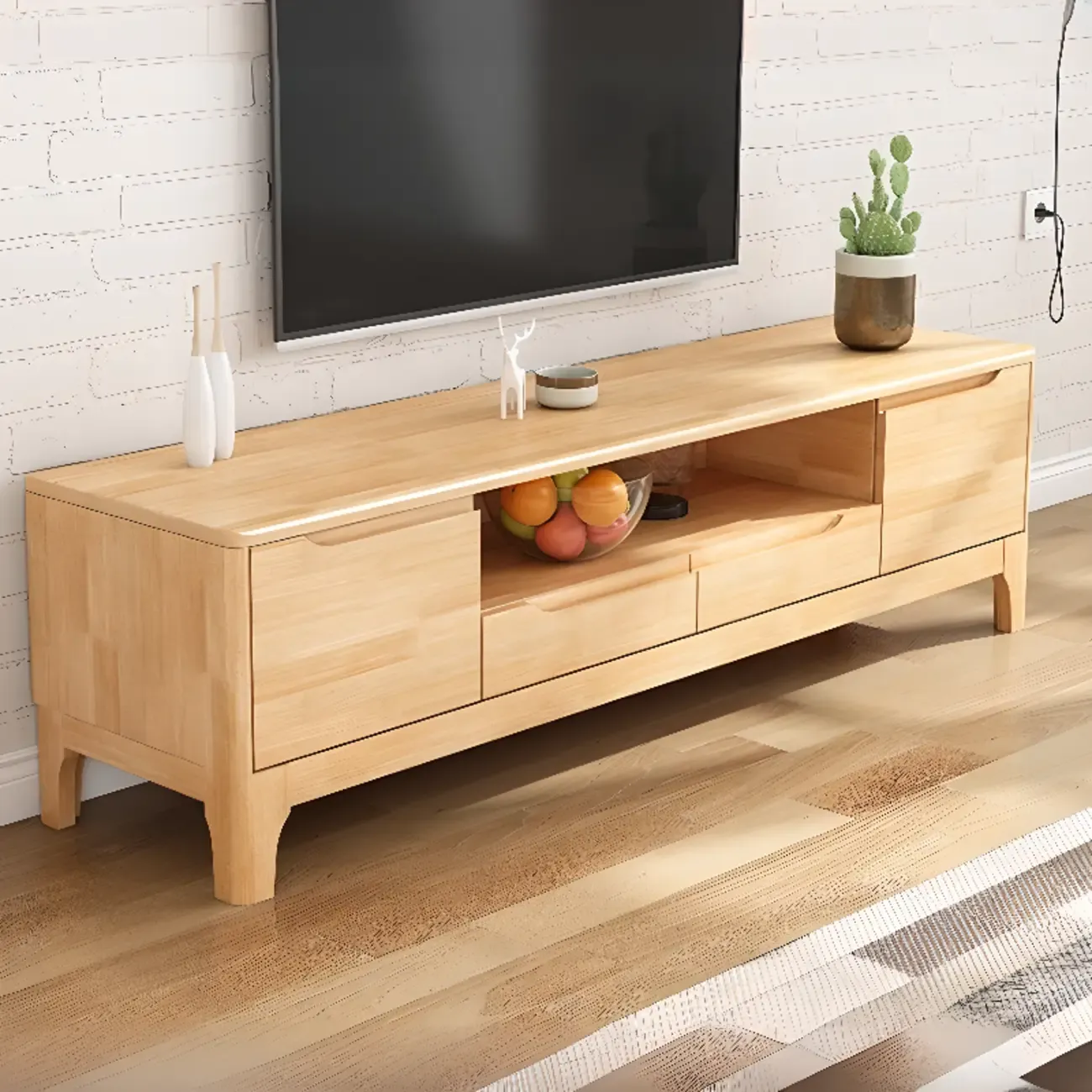 Durable Natural Wooden TV Stand with Cable Management