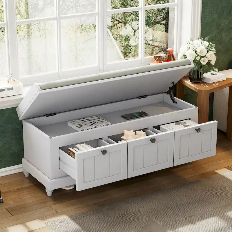 Classic Fluted Shoe Bench with Cushion & 3 Drawers