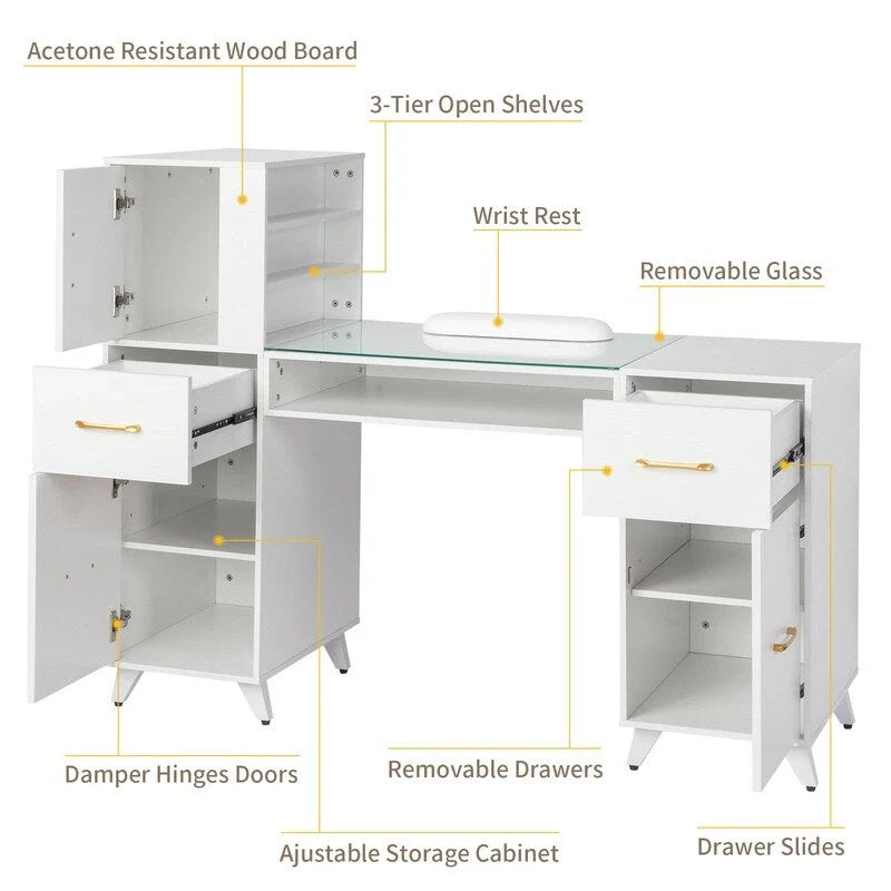 Embossed Particle Board Tempered Glass 55 W Manicure Table