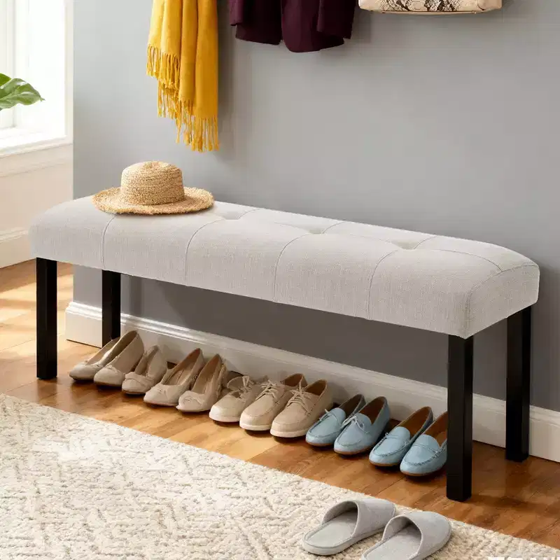 Modern Tufted Linen Dining Bench with Rubber Wood Legs