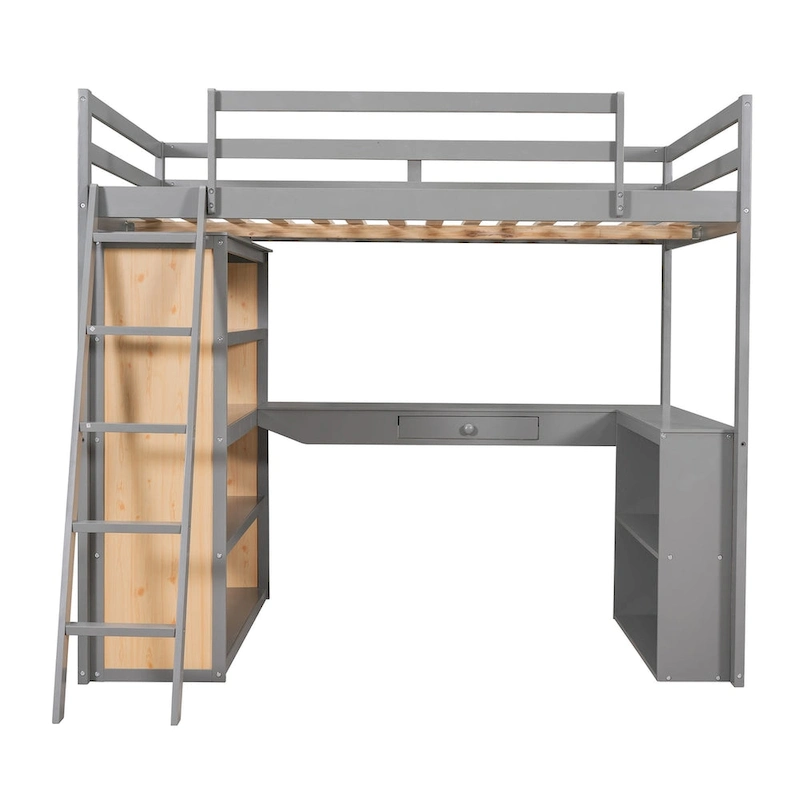 Loft Bed with Desk, Shelves, Drawer, and Ladder, Full-Length Guardrail