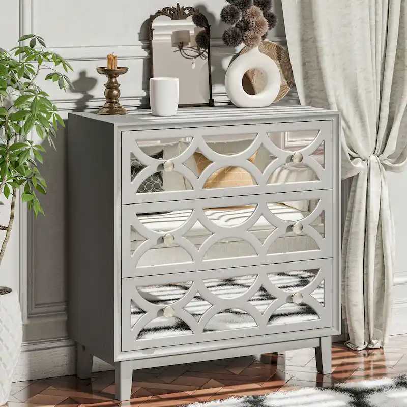 Contemporary Mirror Front Nightstand, Modern Dresser for Bedroom, Living Room, Entryway