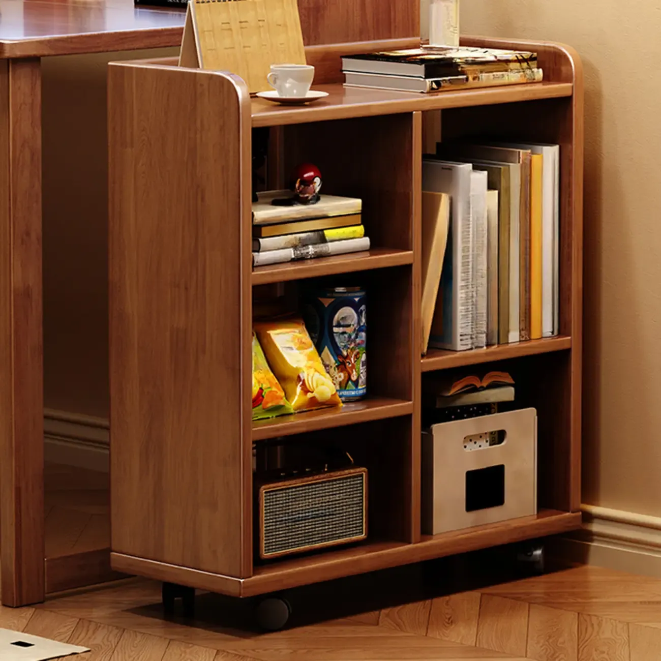 Short Wooden 5-Shelf Closed Back Mobile Bookcase