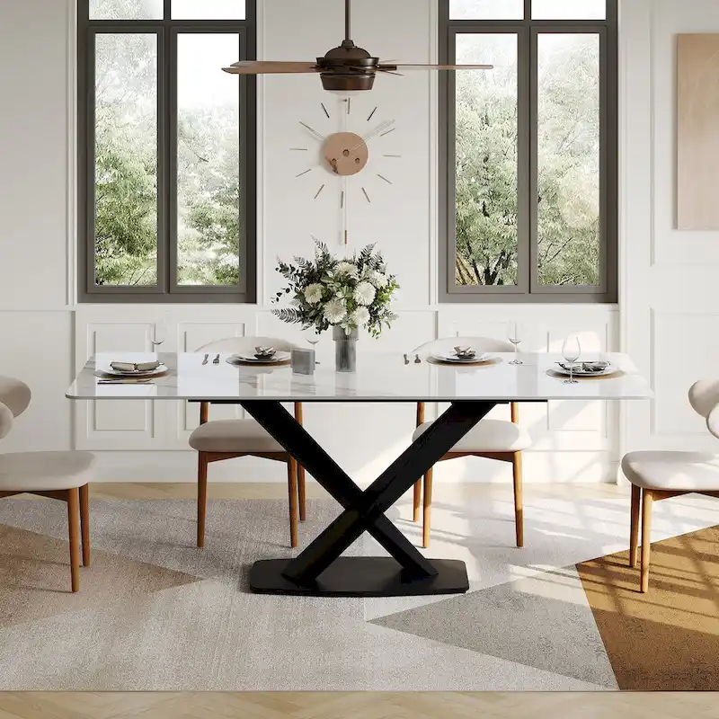 Modern Rectangular Dining table with Glossy Sintered Stone Table top, White Kitchen Table