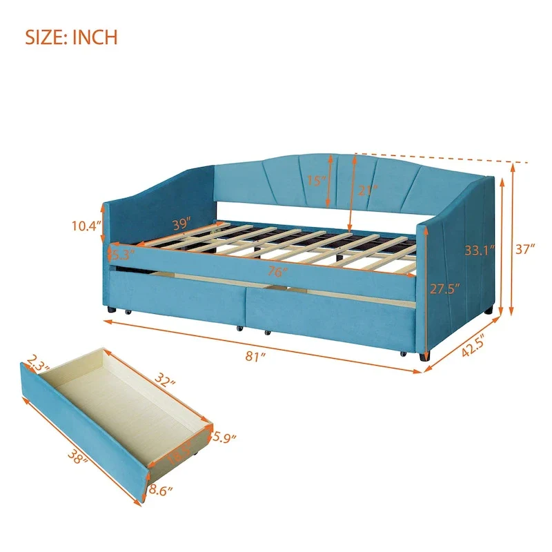 Twin Velvet Daybed with Drawers & Wood Slats