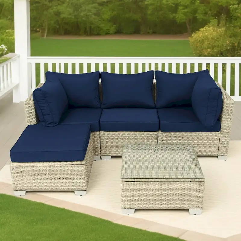 5-Piece Hand-Woven PE Wicker Outdoor Patio Sectional Sofa Set with Cushions and Coffee Table
