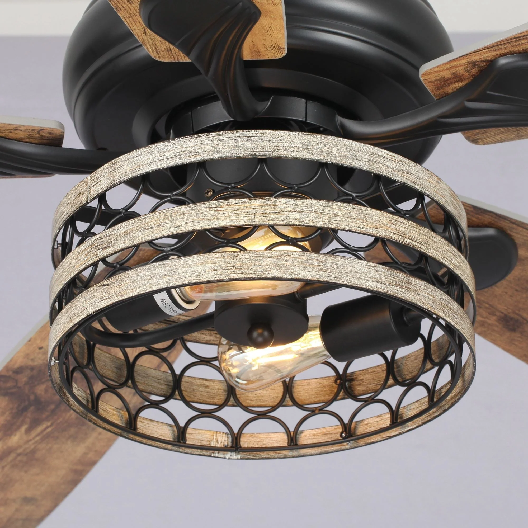 52 Farmhouse Driftwood 5-Blade Black Caged Ceiling Fan with Remote