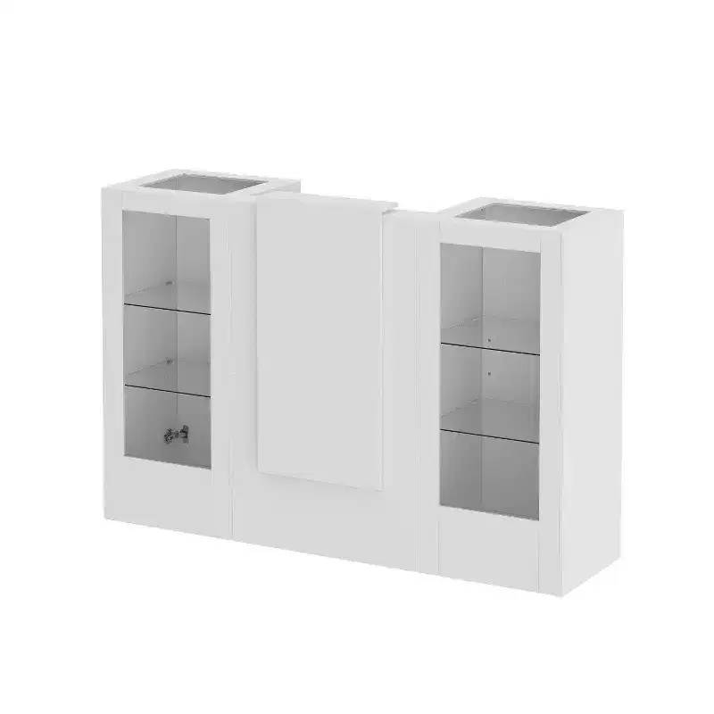White Reception Desk Counter Table with Glass Display Shelves and LED