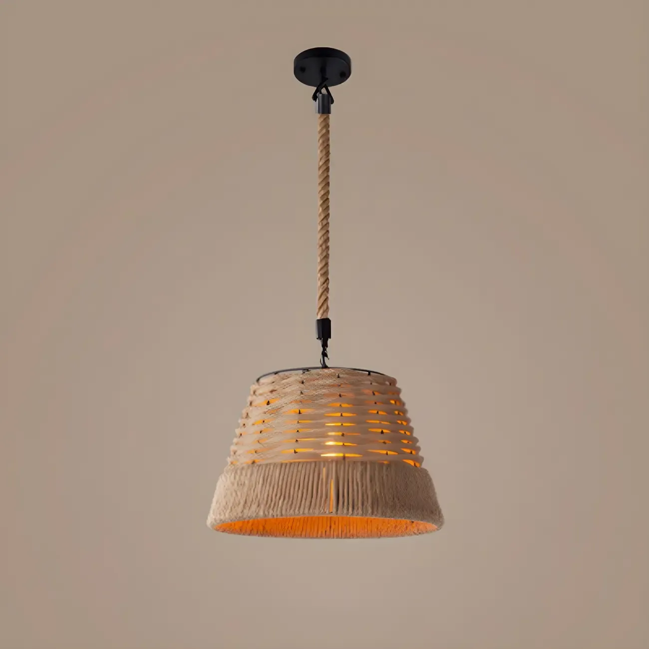 Industrial Rattan Black Metal Hemp Rope Pendant Light