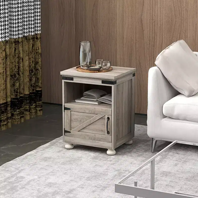 HOMCOM Small Side Table, Farmhouse End Table with Open Shelf and Cupboard, Modern Sofa Table with Wood Legs for Living Room