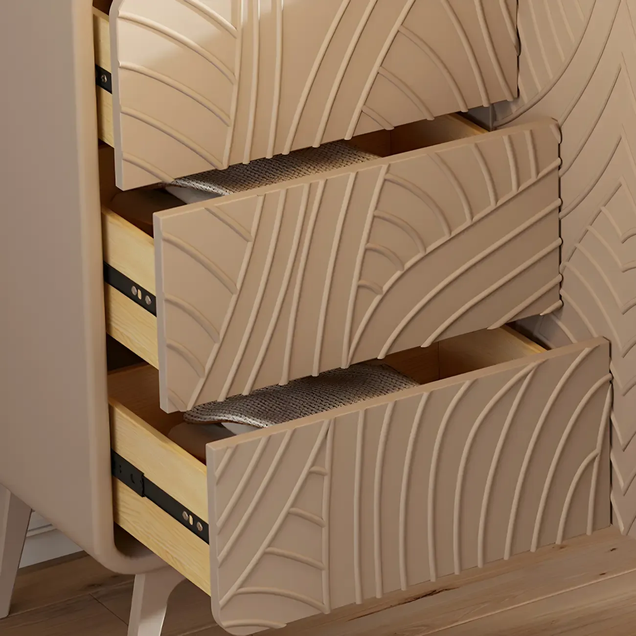 Glam White-Wood Protruding Lines Soft-Close Drawers Dresser