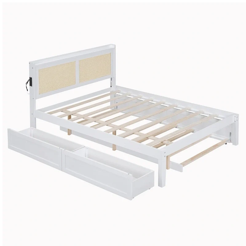 Elegant Bed Frame with Rattan Headboard and Sockets