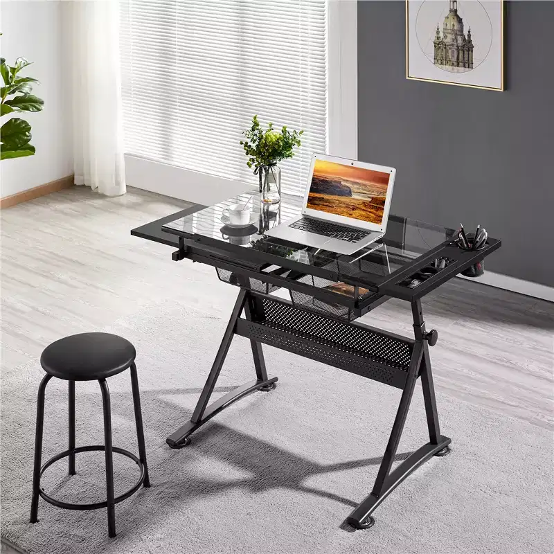 Adjustable Glass Drafting Table & Stool Set, Black, 1-Person