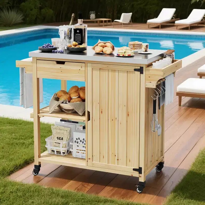 Outdoor Grill Cart & Rolling Kitchen Island with Stainless Steel Top - with Drawer, Spice Rack, Open Shelves, Wheels, Portable Patio Bar Cart for BBQ