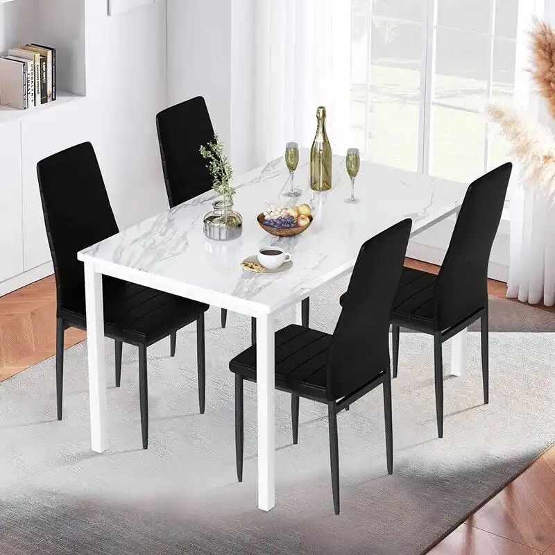 Modern 5-Piece Kitchen Dining Set, Counter Height Dinette Set with Marble Look Top and 4 Upholstered PU Leather Chairs