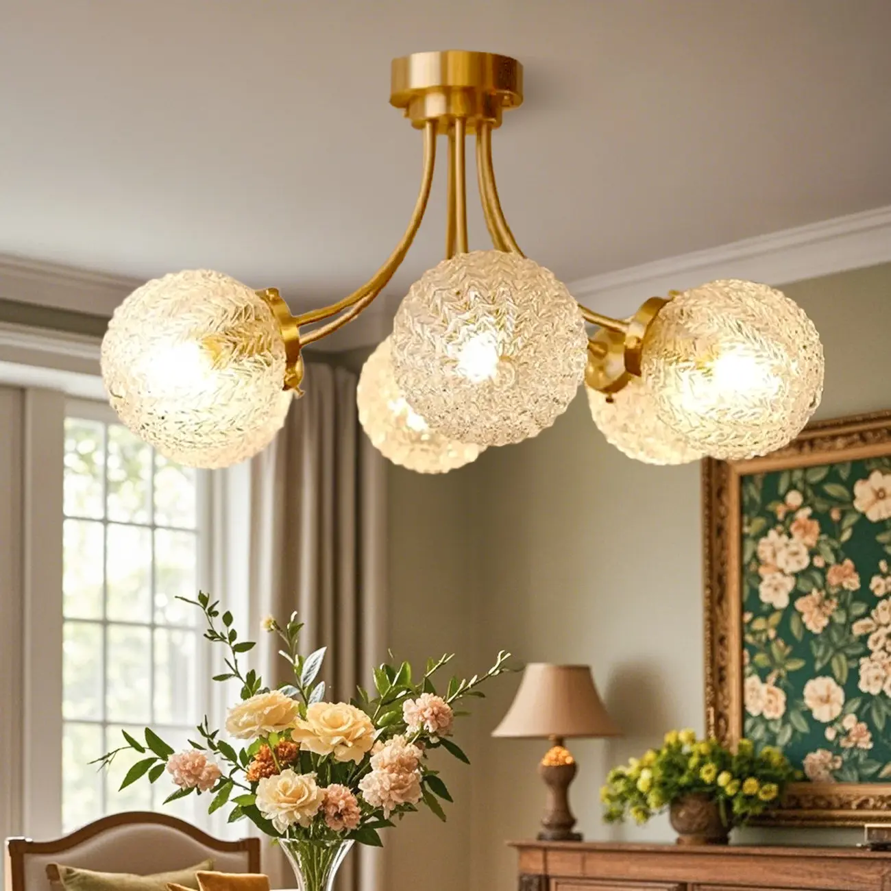 Elegant 6-Light Globe Glass Golden Semi Flush Ceiling Light