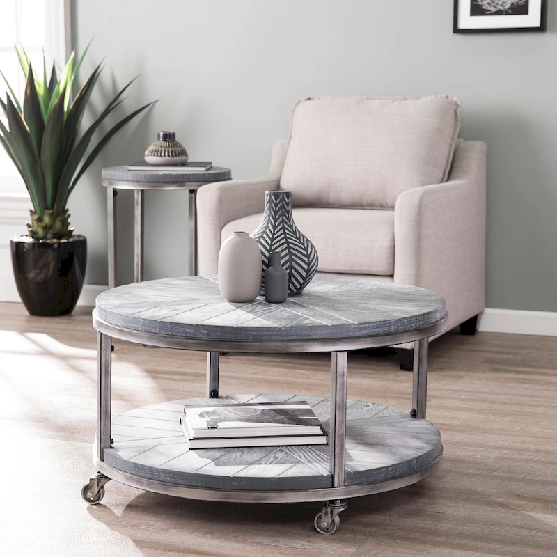 SEI Furniture Kenya Industrial Rustic Round Wood Coffee Table with Shelf