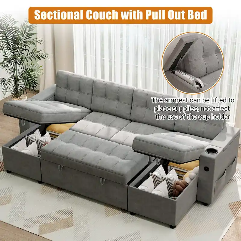 U-Shaped Sectional Sofa with Double Chaise,2 in 1 Pull Out Couch Bed,U-Shaped Sofa Couch Bed,Sleeper Sofa with Pull Out Bed