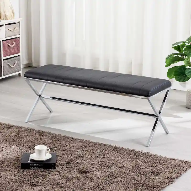 Tufted Faux Leather 46.5 Length Upholstered Dining Bench with Metal X Legs