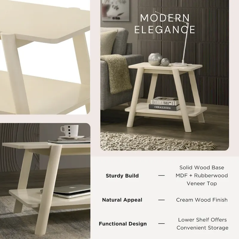 Mid-Century End Table - Wood, Sculptural Design, Storage Shelf, 26.77W x 21.65H