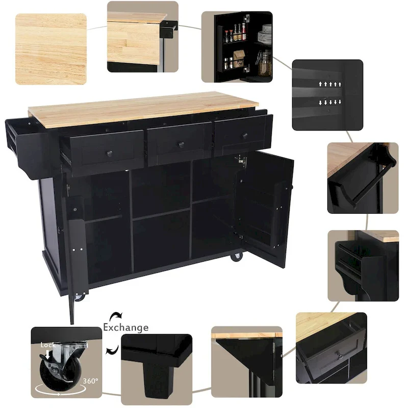 Kitchen Cart With Rubber Wood Drop-Leaf Countertop
