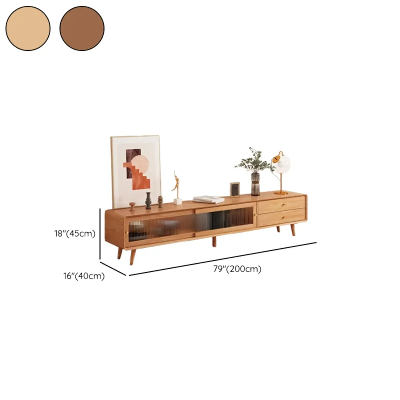 Long Brown 2-Drawer Pine Modern TV Stand with Cabinet