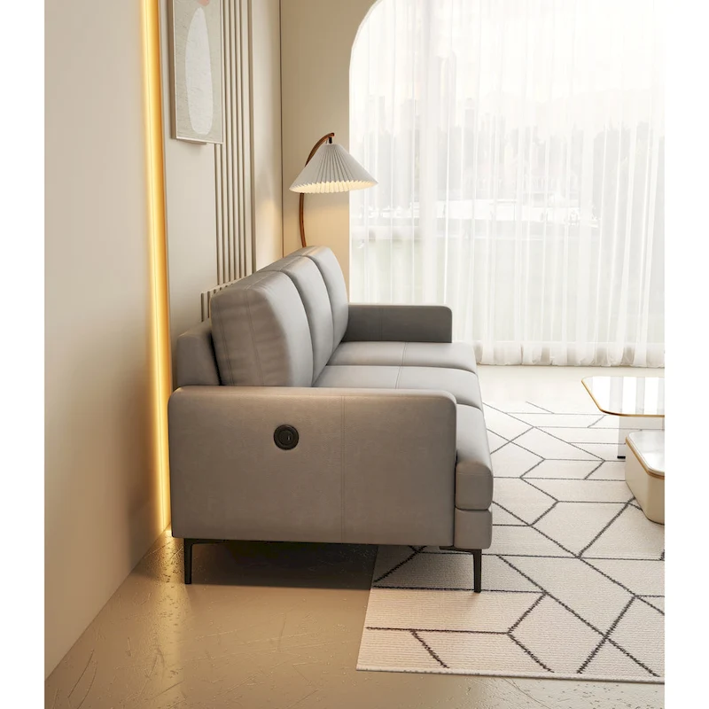 77 Genuine Leather 3 Seater Sofa Couch with USB Charger, High-Resiliency Cushions and Black Metal Legs