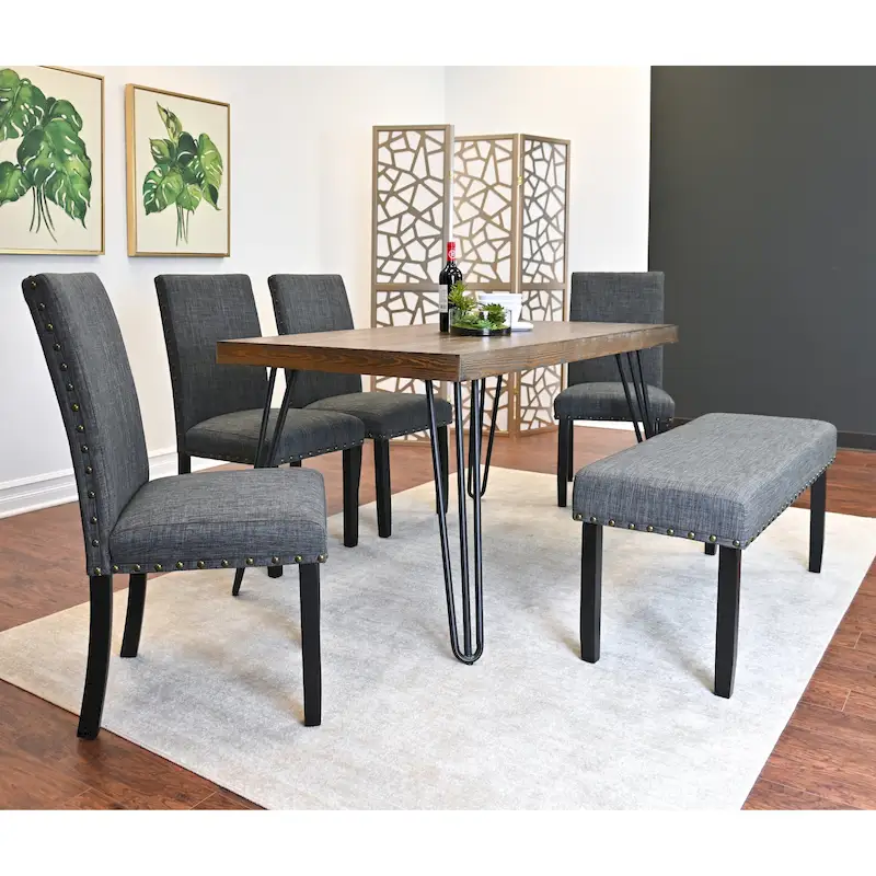 Industrial Style 6-Piece Dining Set with Rectangular Table, 4 Linen Upholstered Chairs and Bench
