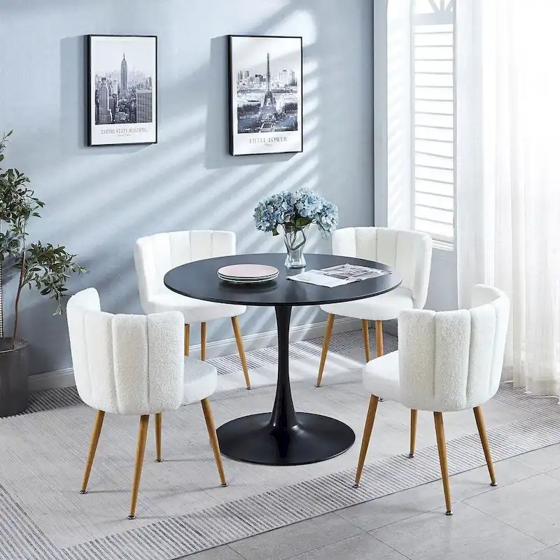 Round Dining Table with 4 Teddy Plush Fabric Chairs