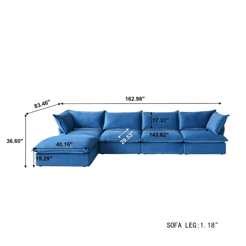 Modular Sectional Sofa Couch, 162.98 Velvet L-Shape Sofa with Ottoman