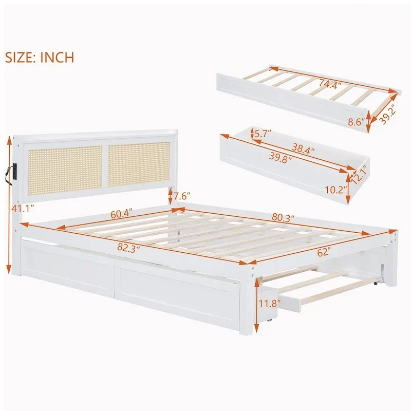 Elegant Bed Frame with Rattan Headboard and Sockets