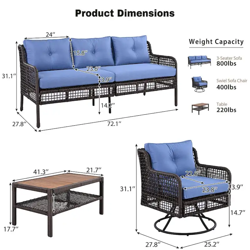 4-Piece Rattan Conversation Sofa Set with Swivel Chairs & Table