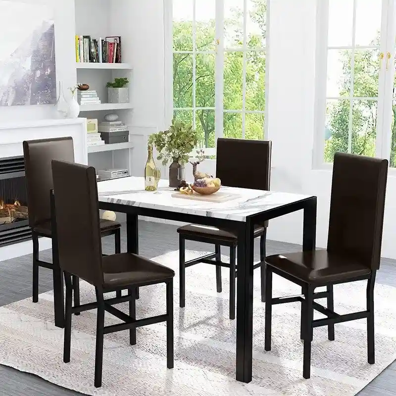 Modern Faux Marble 5 Pieces Kitchen Dining Set with 4 Cushion PU Leather Chairs