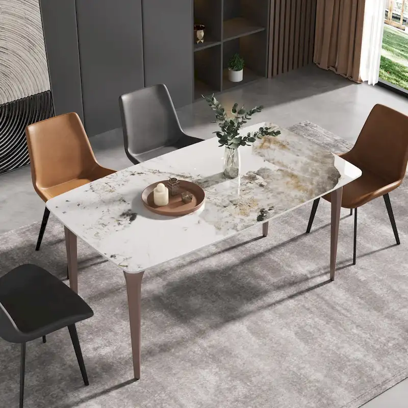 Modern Slate Dining Table, Pandora Pattern Design Sintered Stone Top and Metal Legs.