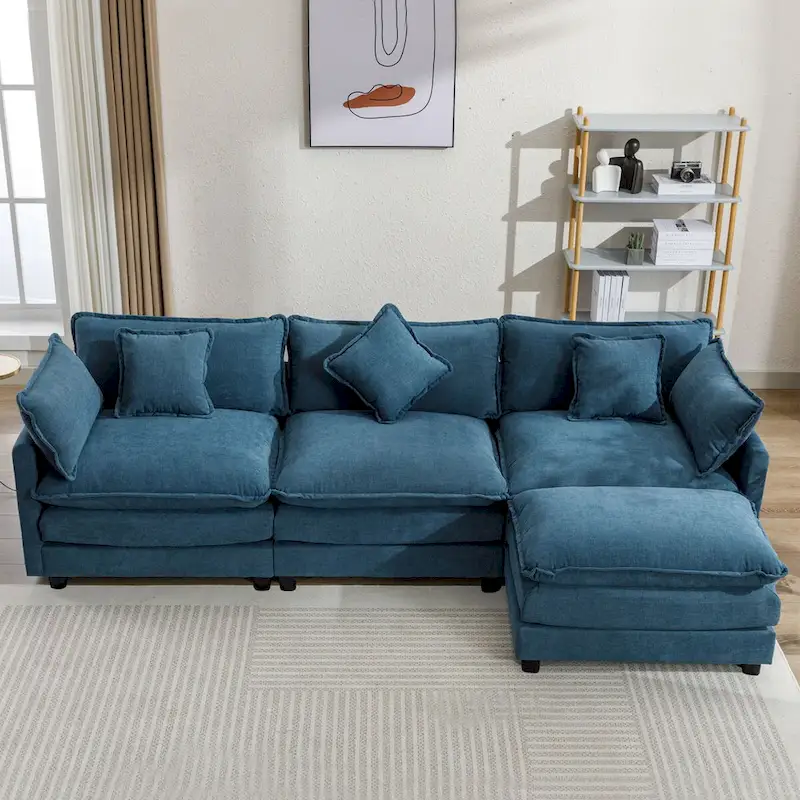L-Shape Chenille Upholstered Sofa with Ottoman