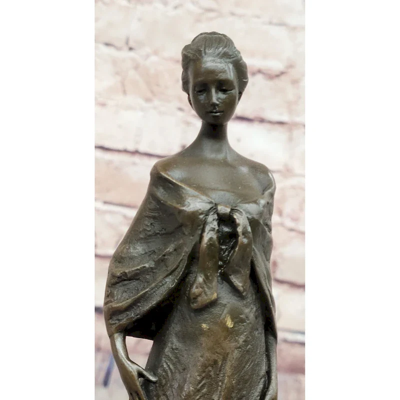 Elegant Bronze Lady Sculpture  Clic Figurine In Flowing Gown On Marble Base