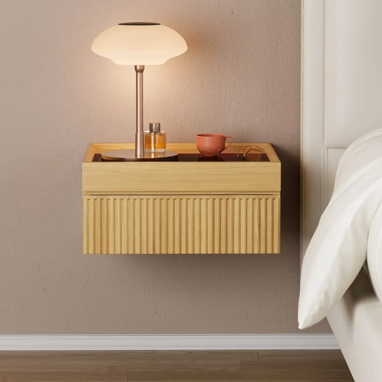 Modern Glass Top Walnut Floating Nightstand with Drawers