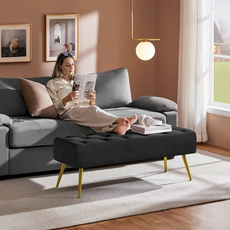 Yaheetech Upholstered Footstool Velvet Ottoman Button-Tufted Table Bench - 45 16 17