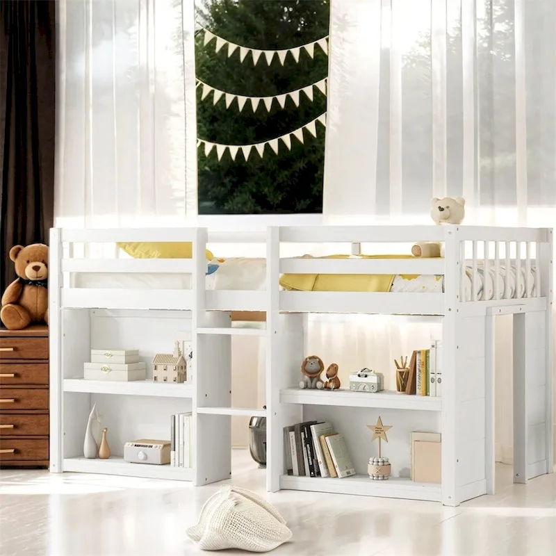 Twin Size Wood Loft Bed with Two-Tier Shelves and LED Light