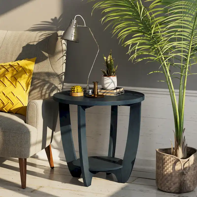 COZAYH Rustic Farmhouse End Table with Storage Shelf, French Country Accent Side Table, Round