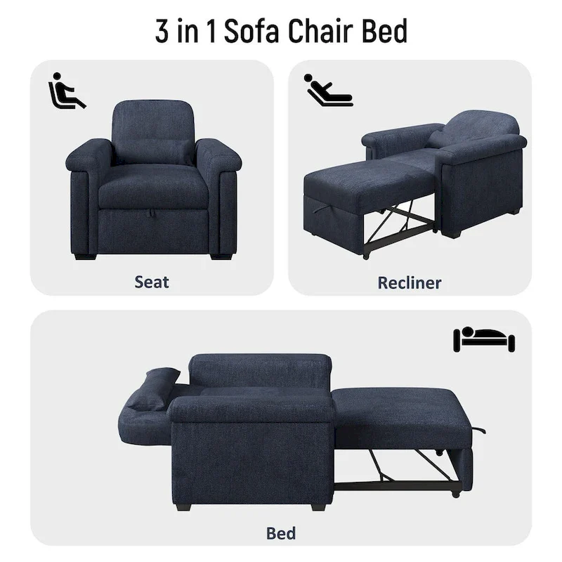 Living Room Lounger Chair 3 in 1 Convertible Sleeper Chair with Pillow