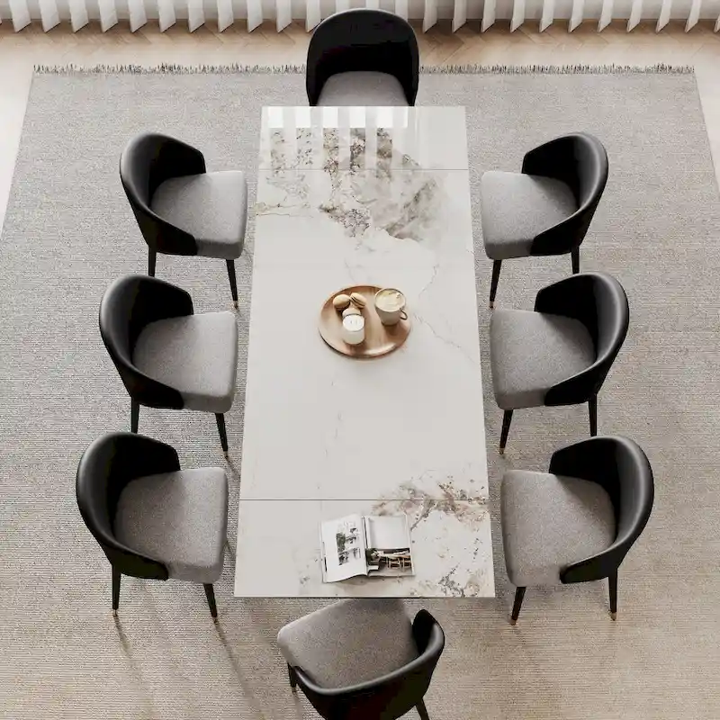 9 - Piece 94.48 Rectangular Extendable Sintered Stone Dining Table with 8 Faux leather Chairs Dining Set