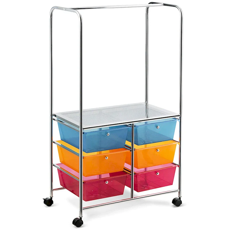 6 Drawer Rolling Storage Cart w/Hanging Bar Office School - 25 x 14.5 x 44