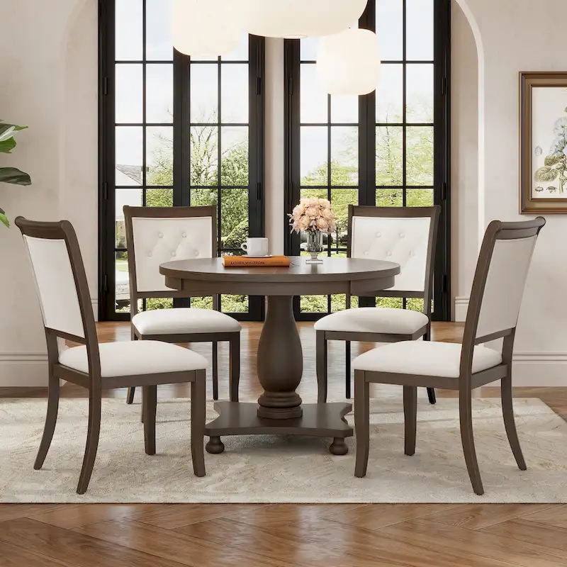 Retro Round Dining Table with 4 Upholstered Chairs