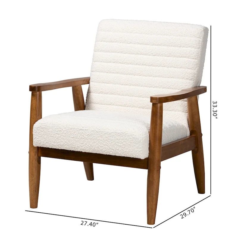 Stratton Mid-Century Modern Cream Boucle Fabric and Walnut Brown Finished Wood Armchair