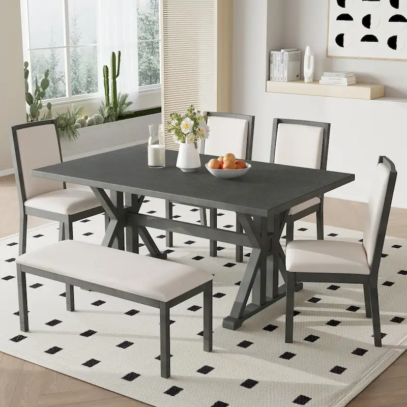6-Piece Farmhouse Dining Table Set with 4 Upholstered Chairs and Bench