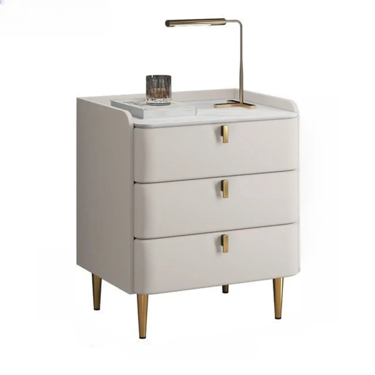Modern Leather Stone Top Gold Accents 3-Drawer Nightstand
